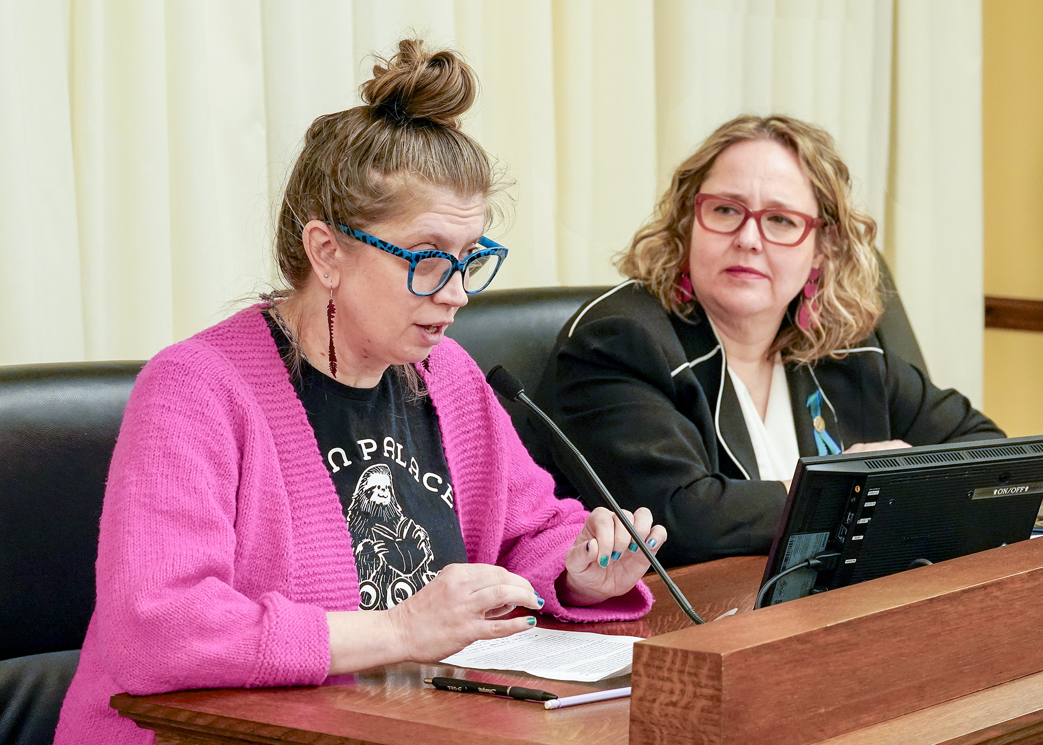 Moon Palace Books co-owner Angela Schwesnedl testifies before the House commerce committee March 4 in support of a bill sponsored by Rep. Emma Greenman, right, to prohibit surveillance-based price and wage discrimination. (Photo by Andrew VonBank)